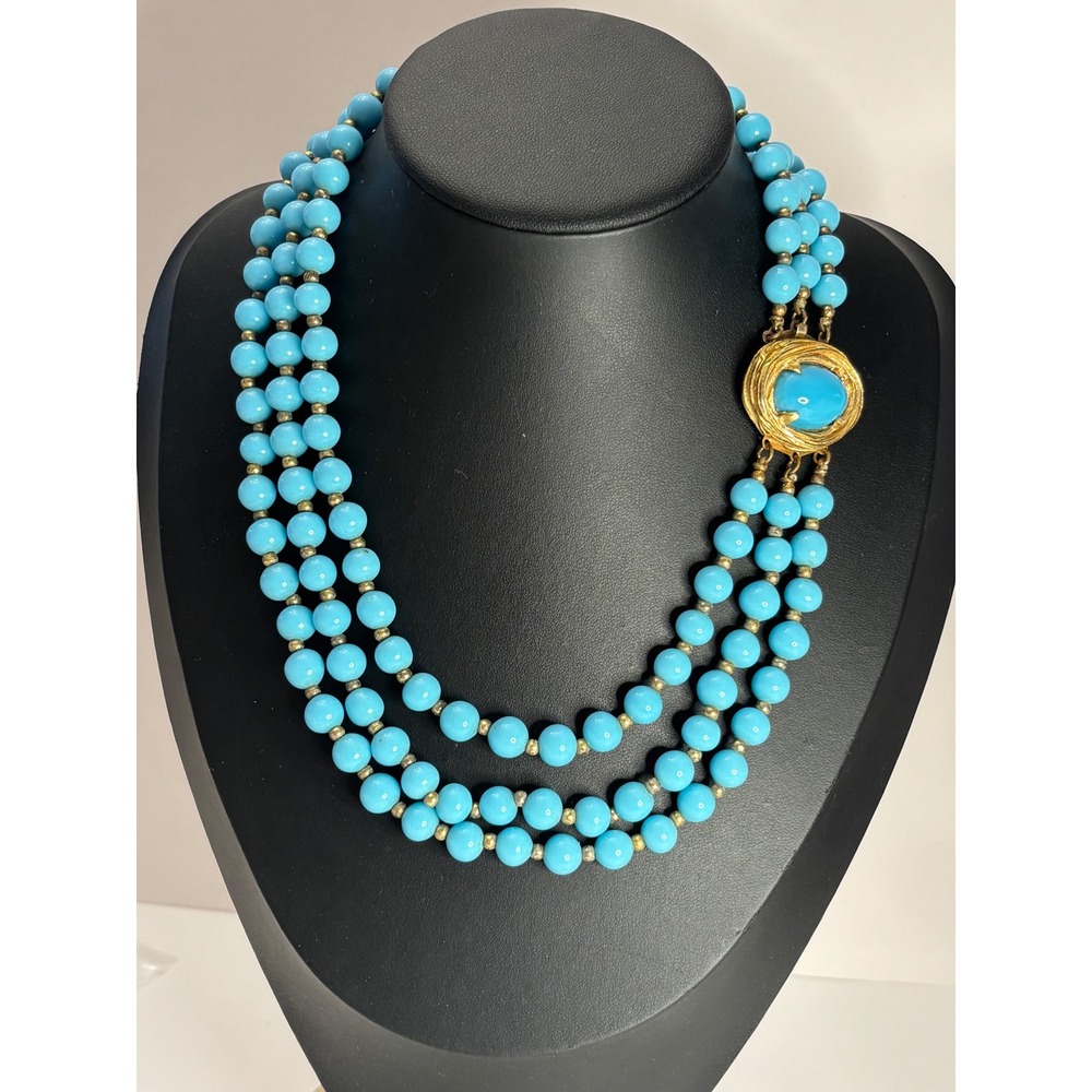 Vintage 1960s Robins Egg Blue Birds Nest Clasp Glass Triple Strand Necklace 17"